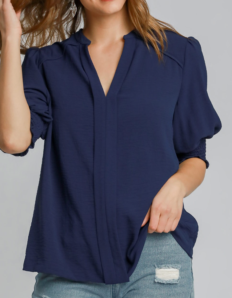 Solid Split Neck Top - Navy