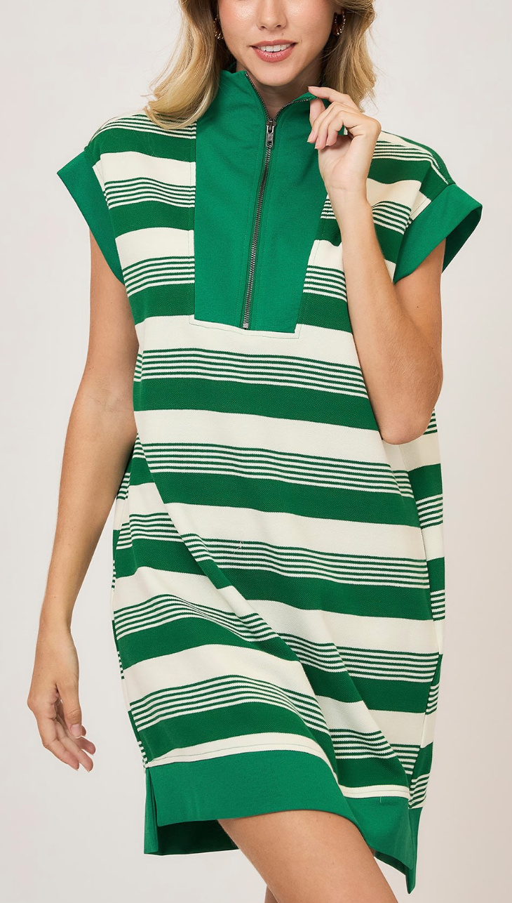 Striped Collar Mini Dress - Kelly Green