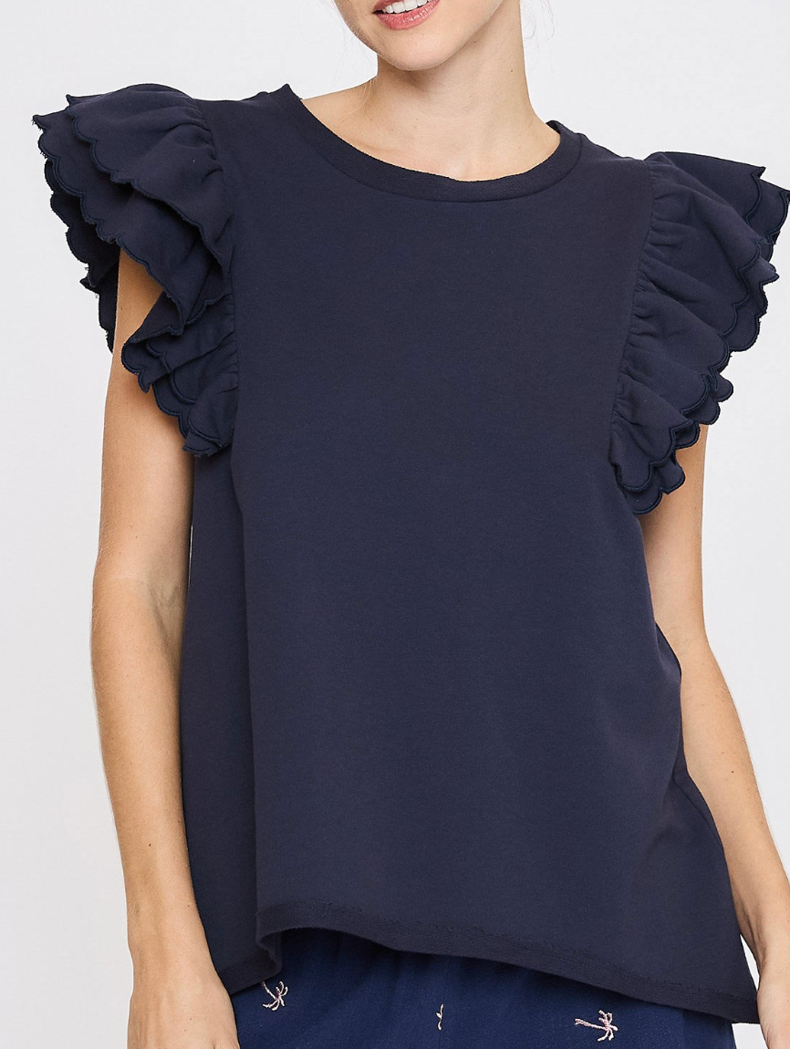 Ruffled French Top Terry Top - Navy