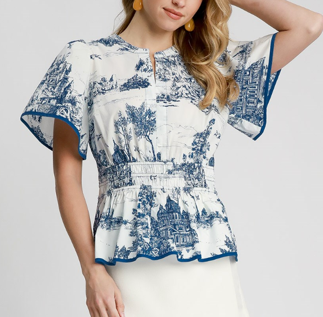 Two Tone Landscape Print Top - Blue