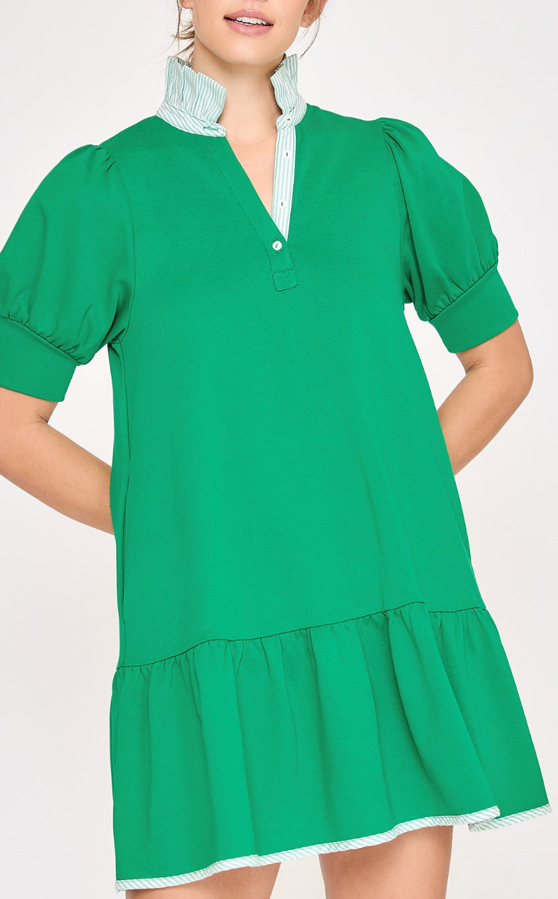 Striped & Solid Mixed Mini Dress - Kelly Green