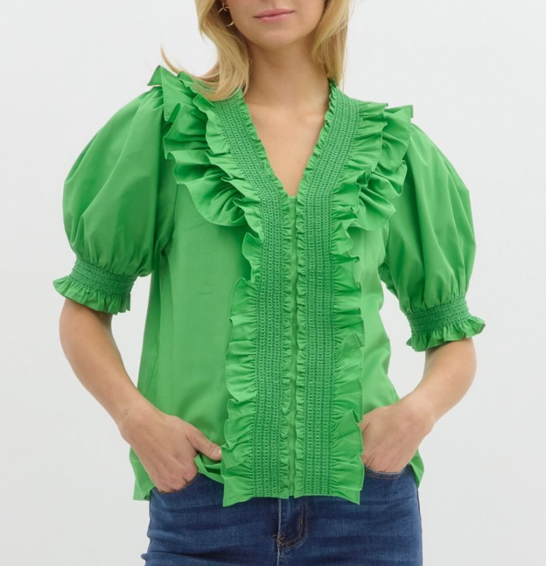 Solid V-Neck Mocked Pullover Top - Green