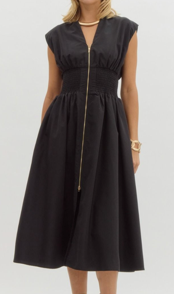 Solid V-Neck Sleeveless Midi Dress - Black