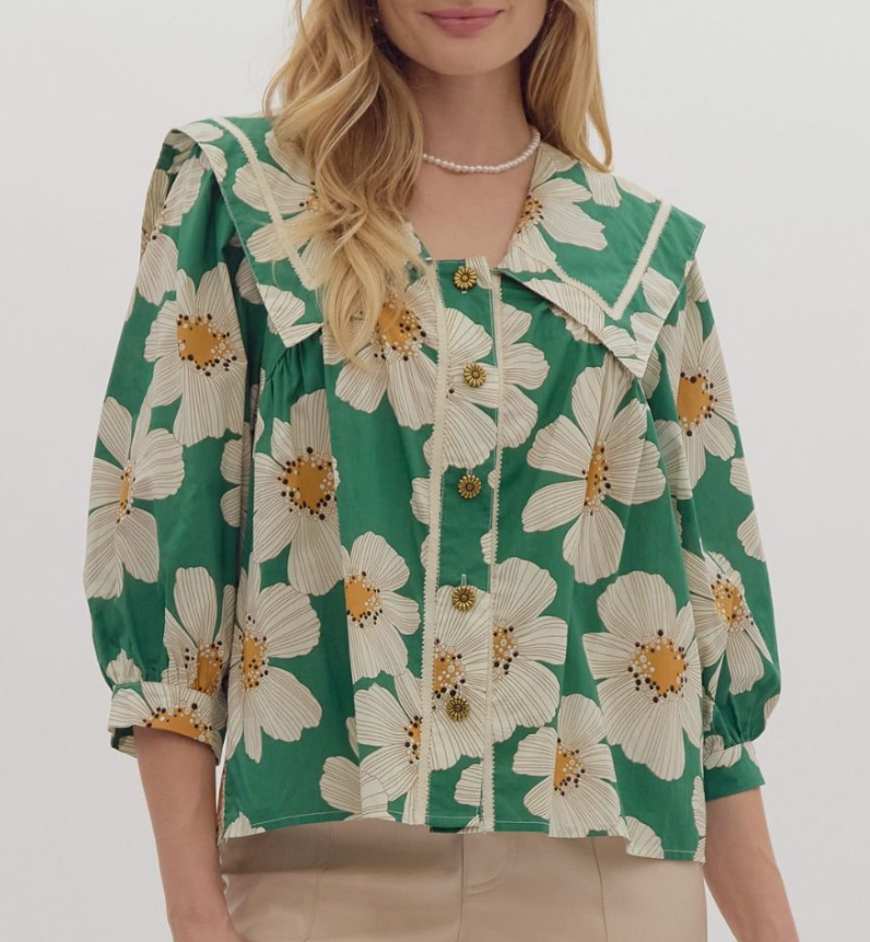 Floral Print Band Sleeve Top - Green