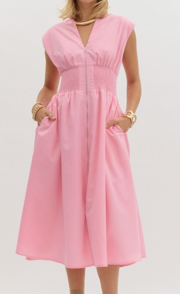 Solid V-Neck Sleeveless Midi Dress - Baby Pink