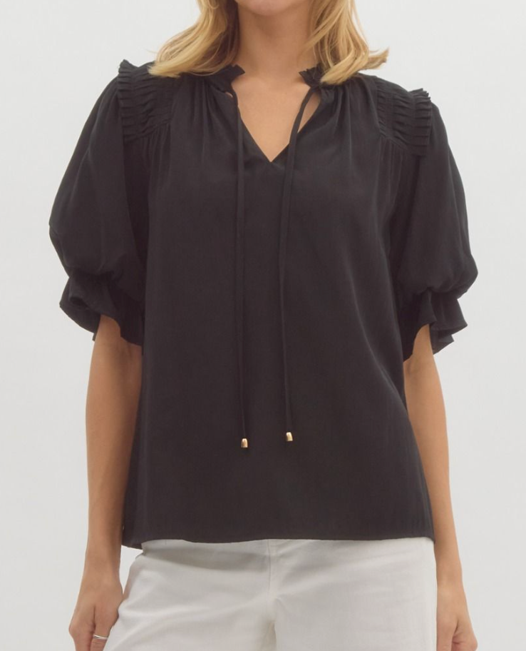 Solid Ruffle Finish Elbow Length Bubble Sleeve Top - Black