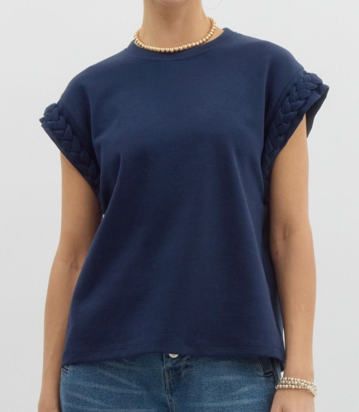 Solid Round Neck Cap Sleeve Top - Navy