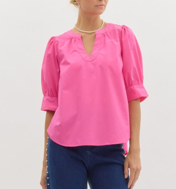 Solid Band Collar Slit Neck Top - Fuchsia