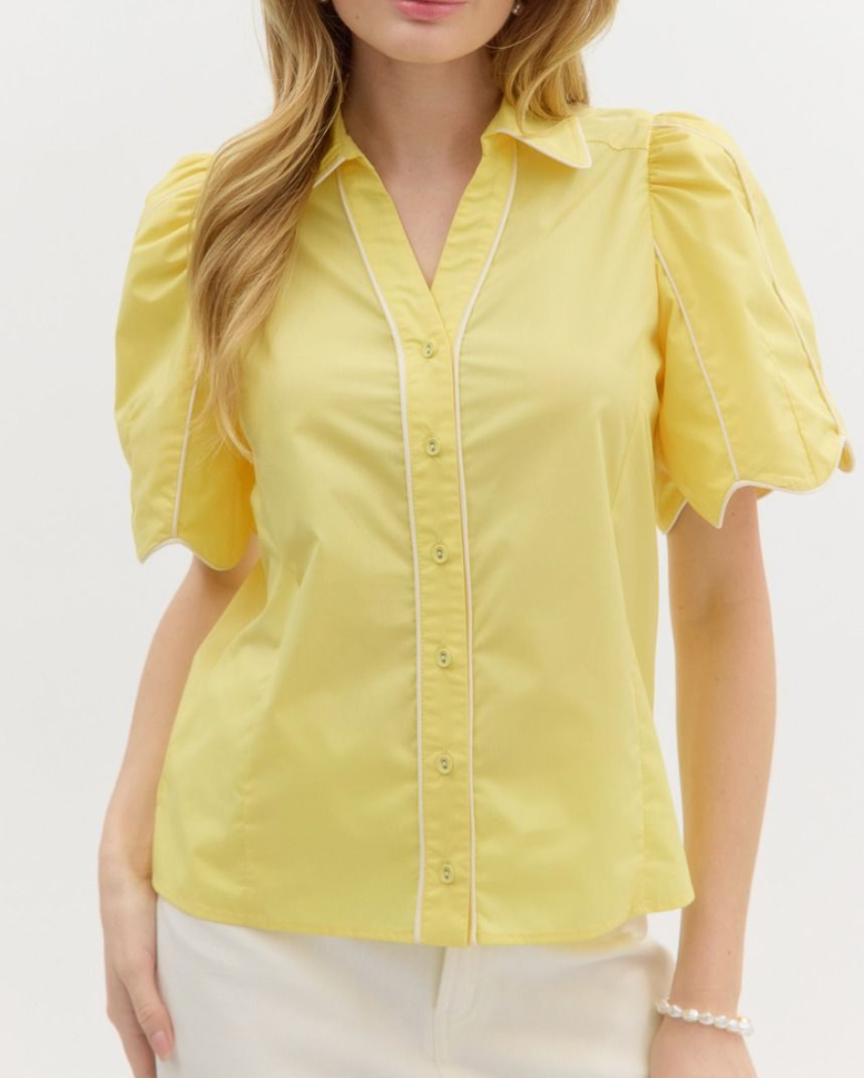 Solid Spread Collar Button Down Top- Lemon