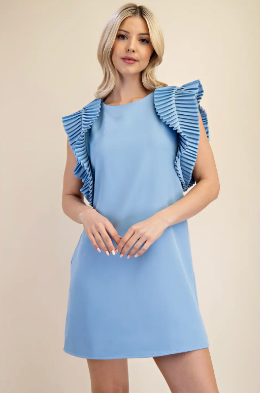 Pleated Shoulder Mini Dress-Blue