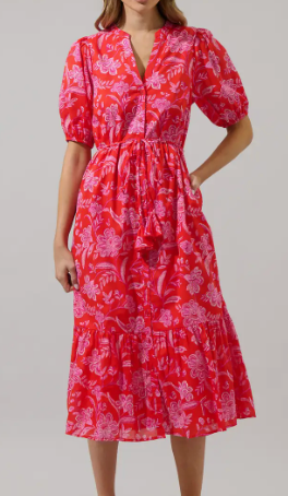 Aria Floral Beth Button Down Midi Dress - Red/Pink