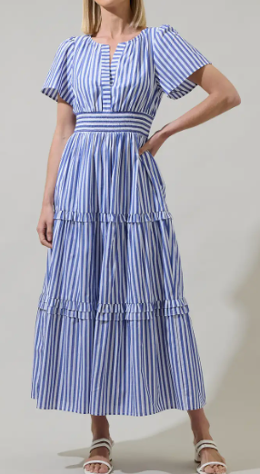 Brandy Striped Palmer Poplin Tiered Maxi Dress - Blue/White