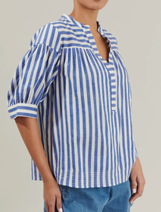 Catana Striped Split Neck Top - Blue Stripe