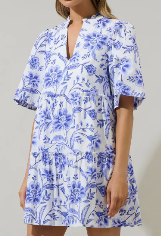 Maeve Floral Dixie Split Neck Shift Dress - White Cobalt