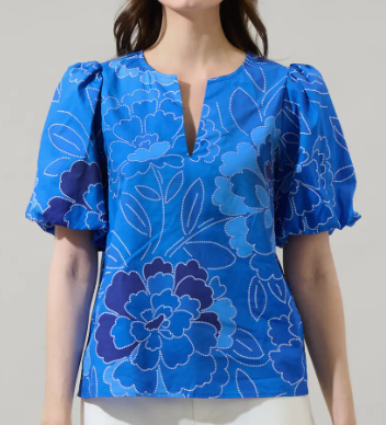 Maris Floral Adi Poplin Split Neck Top - Cobalt