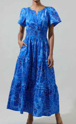 Maris Floral Palmer Poplin Tiered Maxi Dress - Cobalt