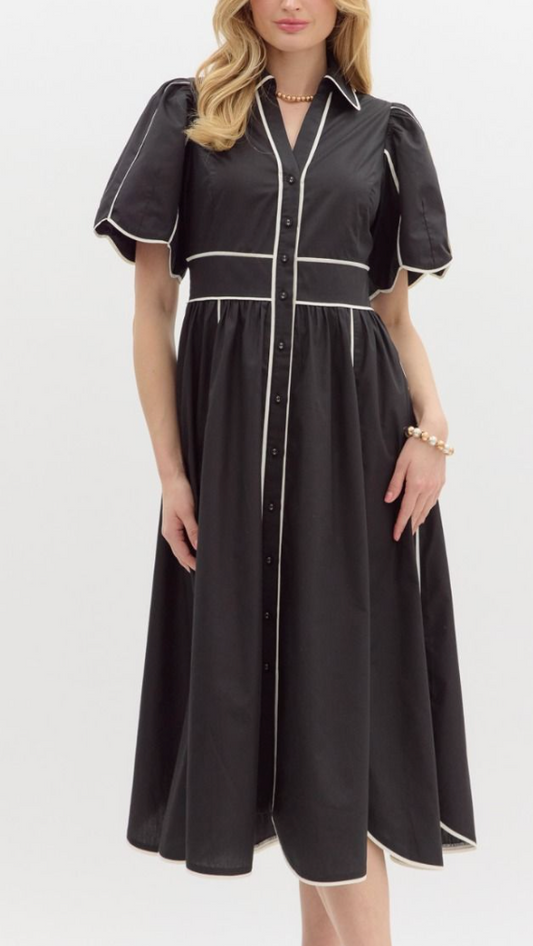 Solid Elbow Length Sleeve Midi Dress - Black