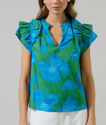 Rori Floral Ramona Ruffle Split Neck Top - Kelly Blue