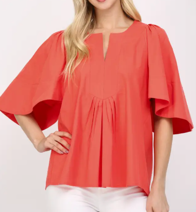 Oversized Short Flutter Slv V-Neck Top - Coral