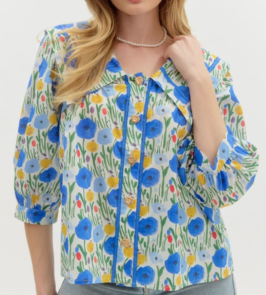 Floral Print Oversized Collar Top - Blue