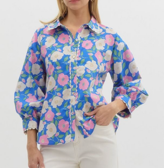 Floral Print Classic Front Button Down Top- Blue