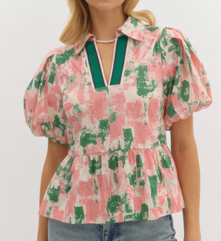 Abstract Pattern Short Bubble Sleeve Pullover Peplum Top - Green