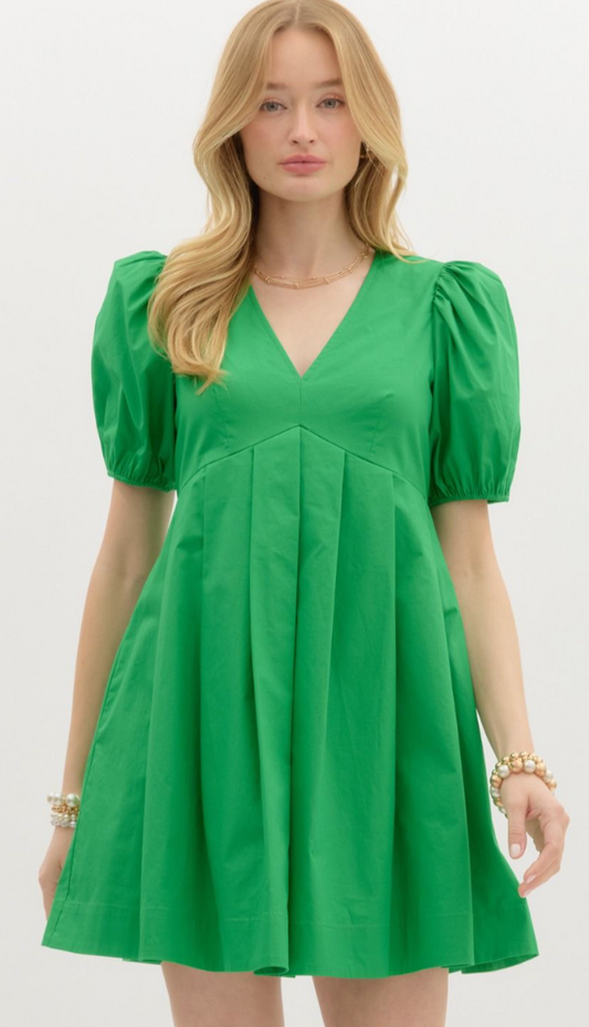 Solid Short Puff Sleeve High Empire Pullover Pleated Mini Dress- Green