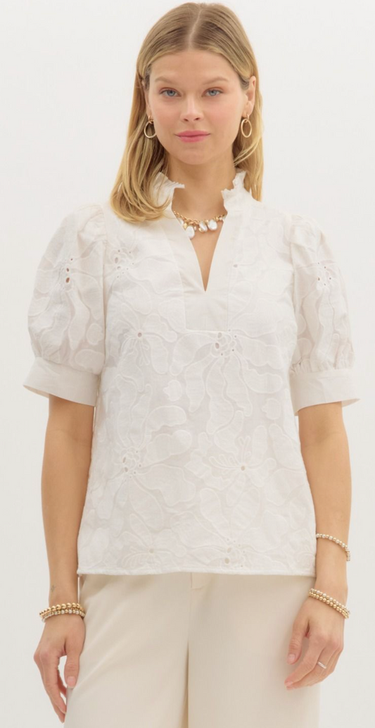 Floral Embroidered Short Puff Sleeve Pullover Top- White