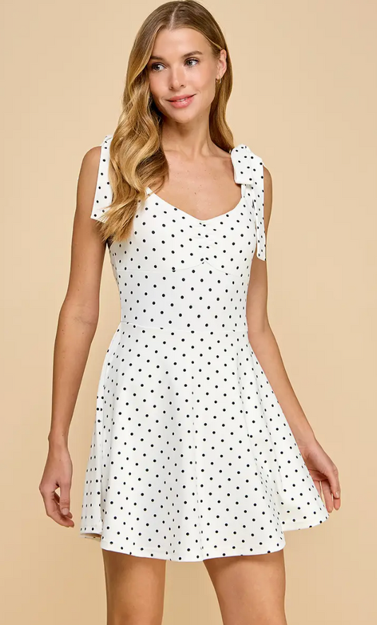 Motion Polka Dotted Fit and Flare Athleisure Dress- White