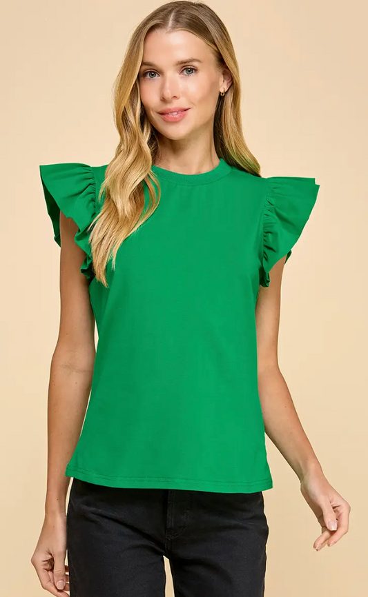 Ruffle Sleeve Poplin Top- Kelly Green