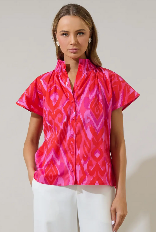 Blevin Ikat Patma Mock Neck Top-Red and Pink