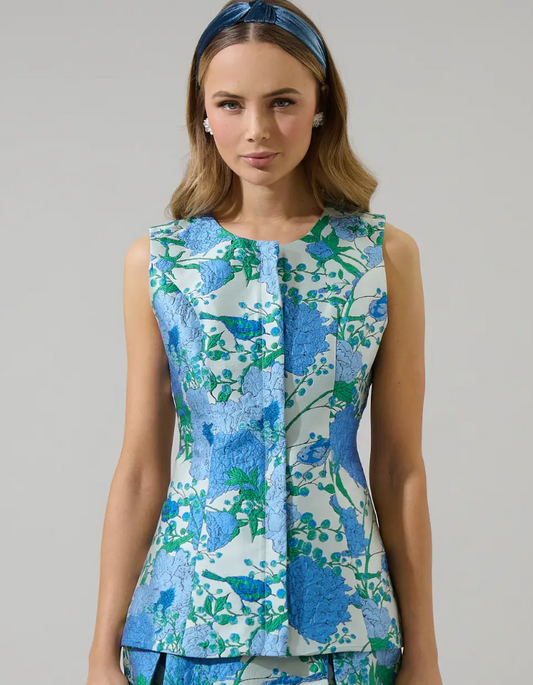 Willa Floral Maize Jacquard Sleeveless Top-Blue