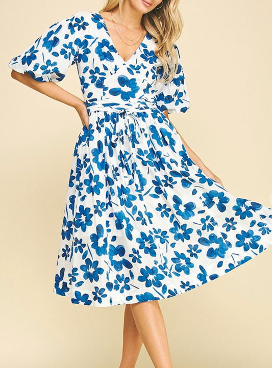 Floral Balloon Sleeve Midi Dress