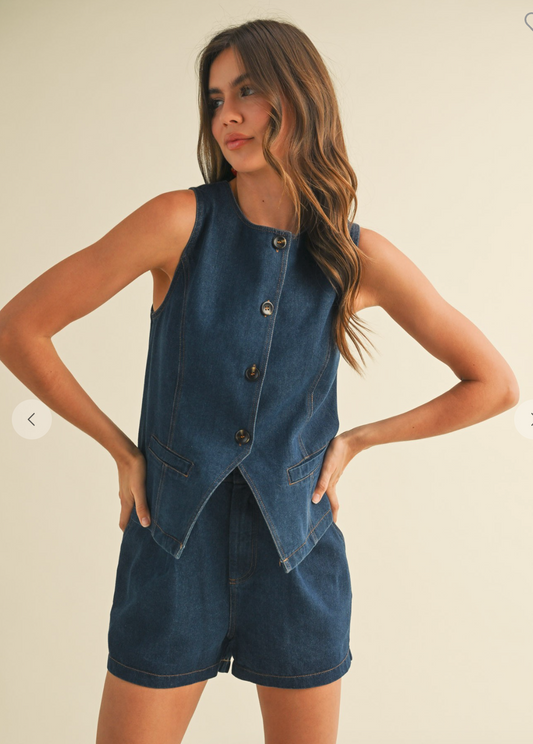 Denim Button Up Vest And Shorts Set
