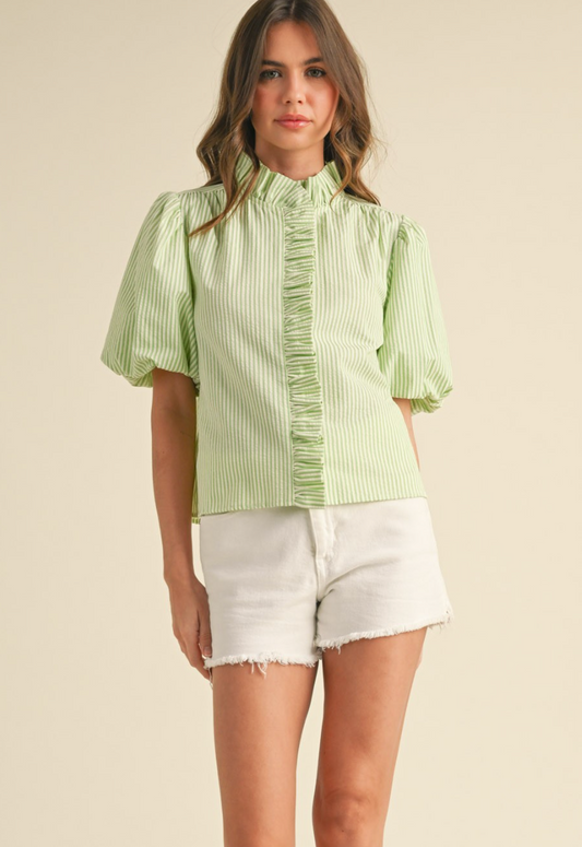 Striped Ruffle Button Down Top- Lime Green