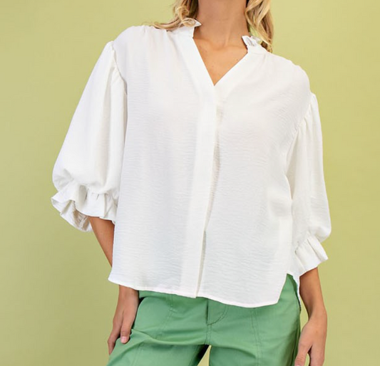 3/4 Length Gathered Balloon Sleeve Blouse- White