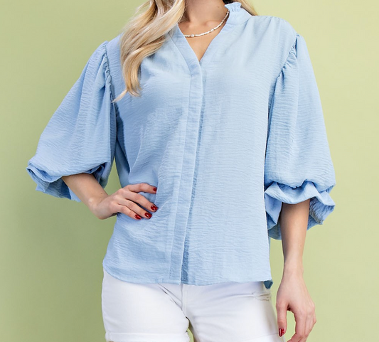 3/4 Length Gathered Balloon Sleeve Blouse - Light Blue