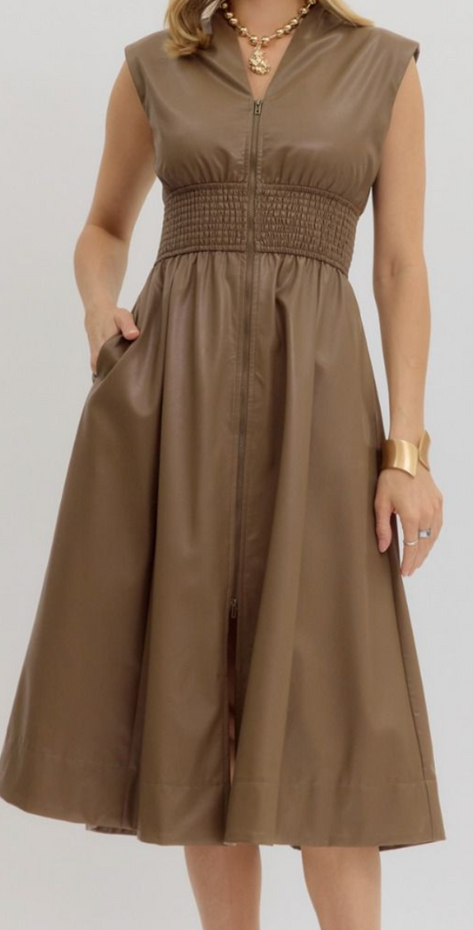Faux Leather Sleeveless Midi Dress-Mocha