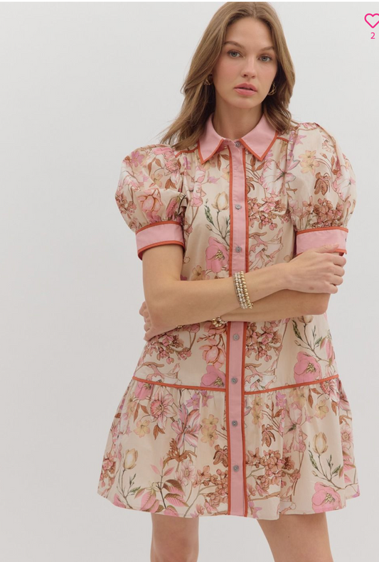 Floral Puff Sleeve Dress- Dusty Pink