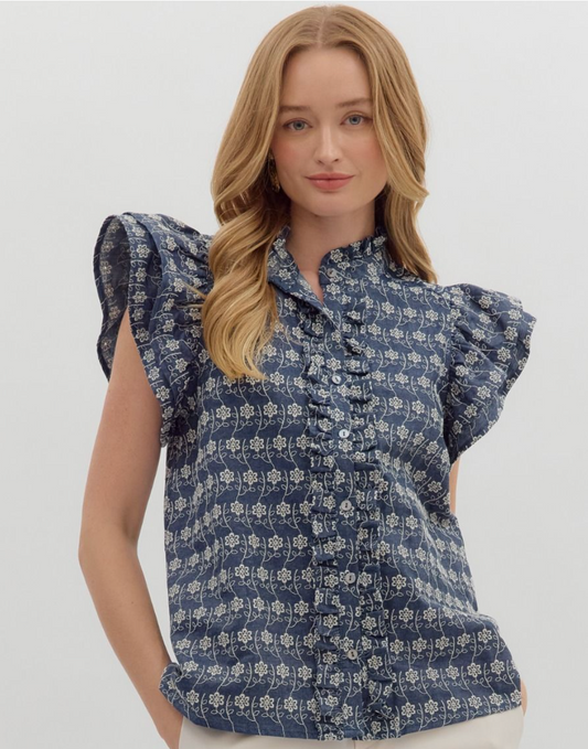 Denim Floral Top-Ruffle Sleeve