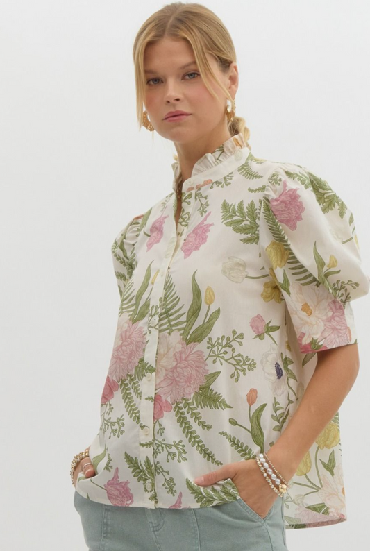 Floral Top With Ruffled Neck- Cream