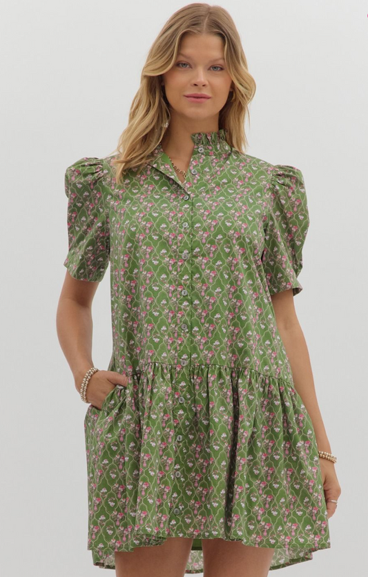 Floral Dress with Ruffle Neck In Green