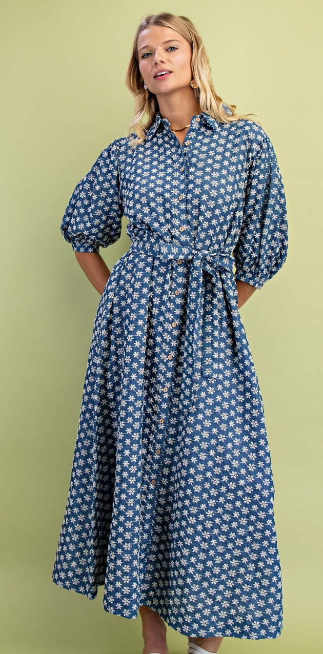 Floral Embroidery Denim Button Down Dress