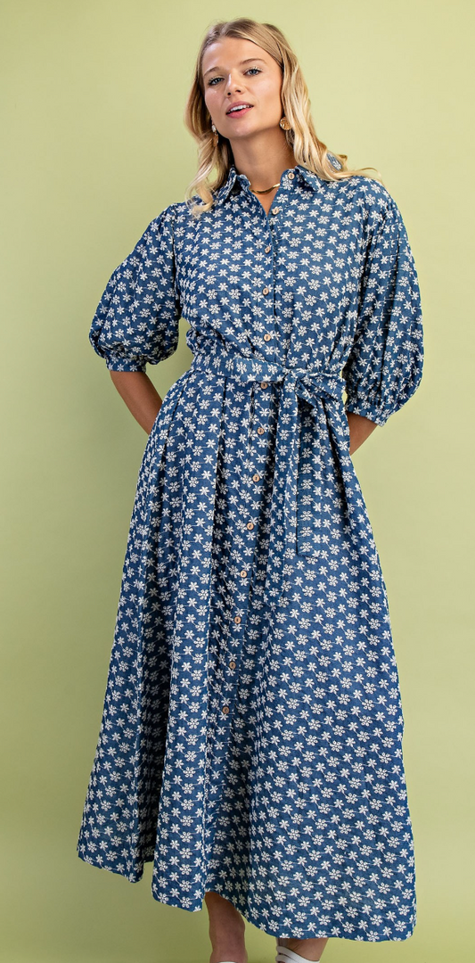 Floral Embroidery Denim Button Down Dress
