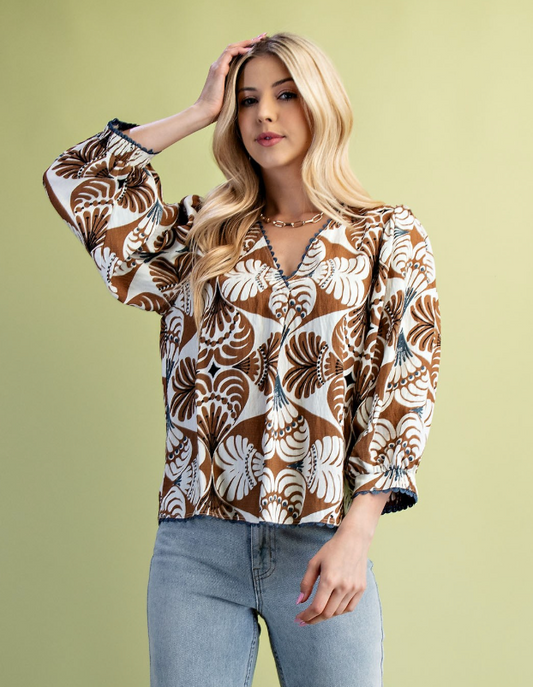 Printed V-neck Blouse in Brown