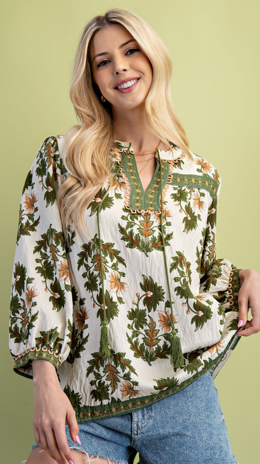 Floral Fall Print 3/4 Sleeve Blouse in Olive