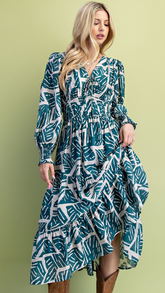Printed Double Tier Midi dress in Teal