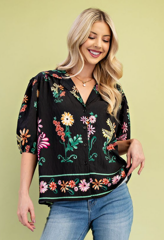 Floral Button-Up Top in Black