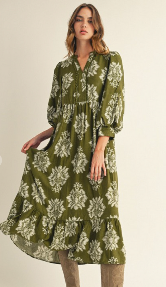 Boho Floral Midi Dress In Olive