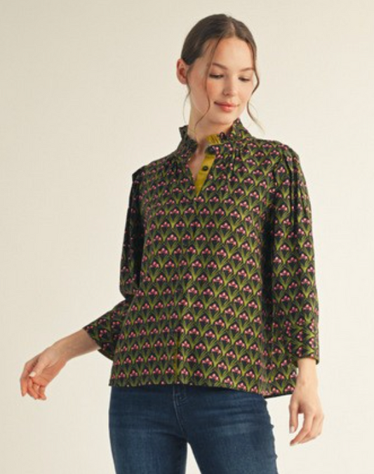 Solid Contrast Accent Boho Floral Top in Black